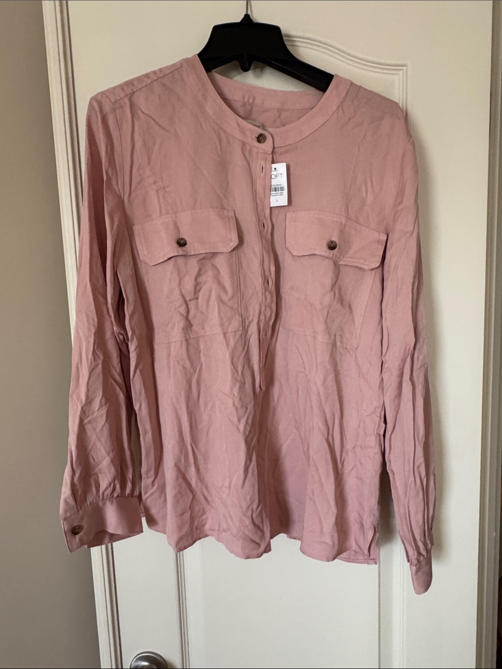 LOFT Blush Pink Long-Sleeve Button-Neck Utility Blouse